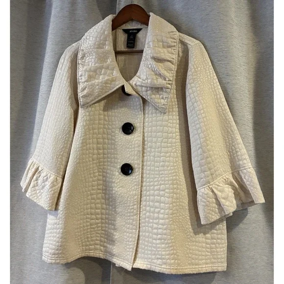 Ali Miles Peplum Swing Jacket 1X Ivory Womens Textured Knit 3/4 Sleeve - Picture 2 of 6